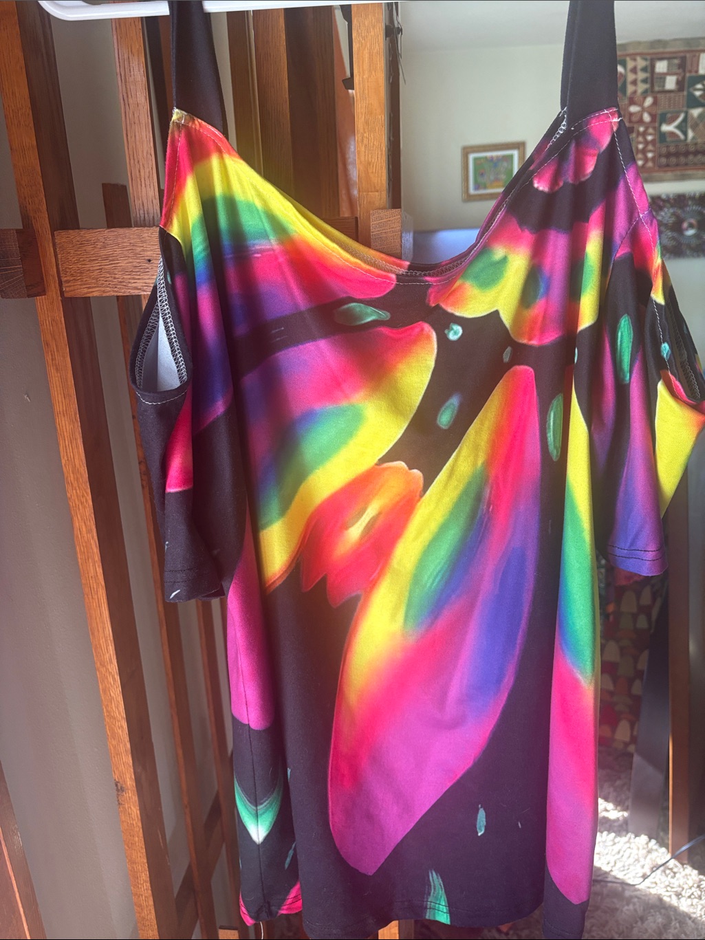Vibrant Rainbow Butterfly Cold-Shoulder Top